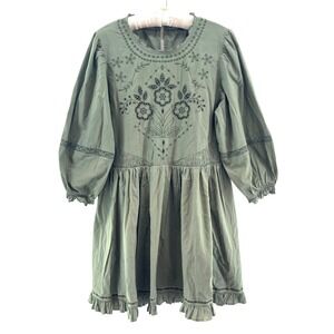 American Eagle Eyelet Embroidered Mini Dress Women M Green Cotton Ruffle Mori